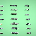 Various Designed Weapons with Different Styles Arranged Neatly on Green Background