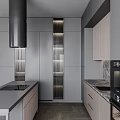 Modern Kitchen Interior With Gray Cabinets Marble Countertop Black Range Hood And Wine Rack
