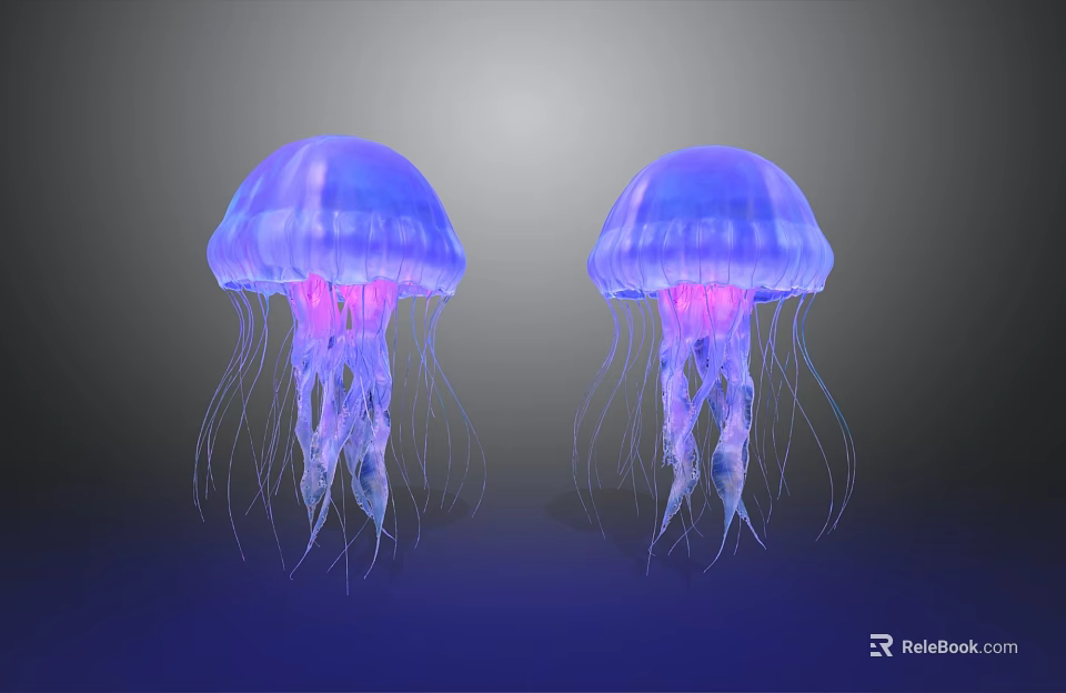 Two Blue Purple Jellyfish With Long Glowing Tentacles In Vibrant Underwater Scene 3d model 