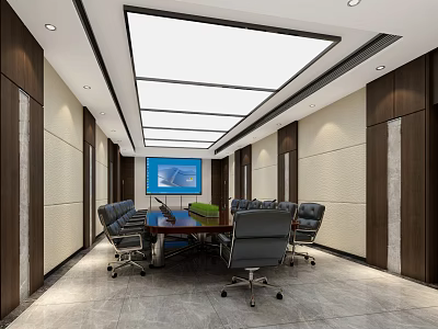 Modern Conference Room Interior With Long Table Black Chairs Large Screen And Skylights 3d model