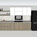 Modern Kitchen Interior With White And Wooden Cabinets Marble Countertop And Black Refrigerator
