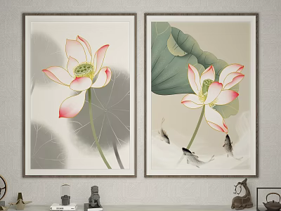 Two Decorative Plant Paintings With Lotus Flowers Green Leaves And Swimming Goldfish 3d model