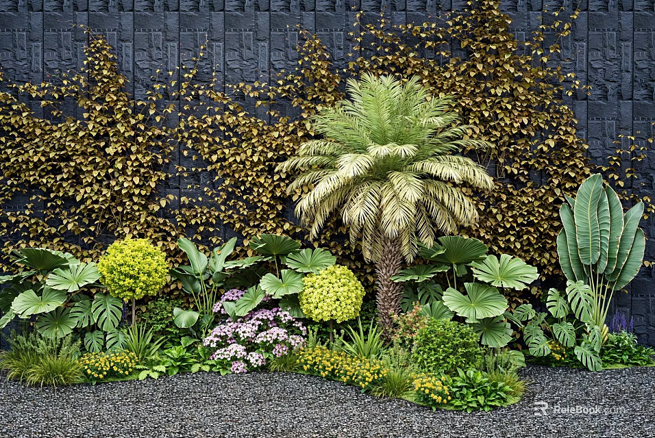 Lush Green Plants with Palm Tree Purple Flowers and Golden Vines Against Black Brick Wall 3d model 