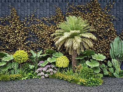 Lush Green Plants with Palm Tree Purple Flowers and Golden Vines Against Black Brick Wall 3d model