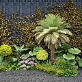 Lush Green Plants with Palm Tree Purple Flowers and Golden Vines Against Black Brick Wall