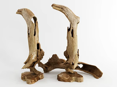 Natural Wood Art Sculptures With Abstract Shapes And Wooden Bases 3d model