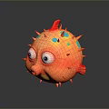 Cartoon Style Orange Puffer Fish with Red Spines Blue Spots and Big Eyes