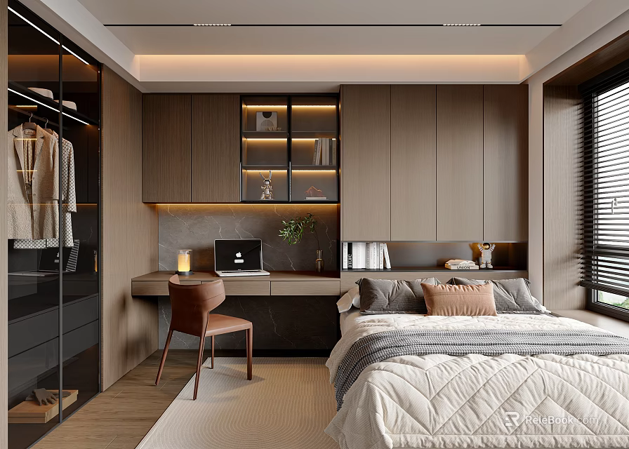 Modern Tatami Bedroom Interior With Tatami Bed Desk Chair And Wooden Storage Cabinets 3d model 