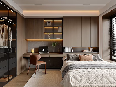 Modern Tatami Bedroom Interior With Tatami Bed Desk Chair And Wooden Storage Cabinets 3d model