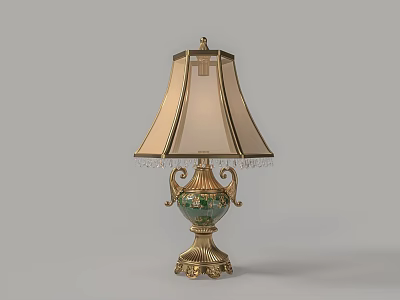 Elegant Vintage Table Lamp With Gold Base Green Floral Pattern And Beige Fabric Shade 3d model