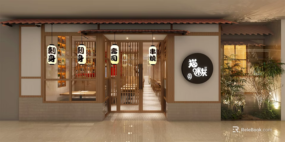 Traditional Wooden Cat Meow Restaurant Exterior With Lanterns Sashimi Sushi Skewers And Circular Sign 3d model 