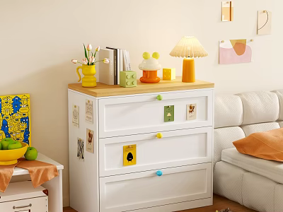 White Chest of Drawers With Colorful Knobs Table Lamp Books Vase in Cozy Living Room 3d model