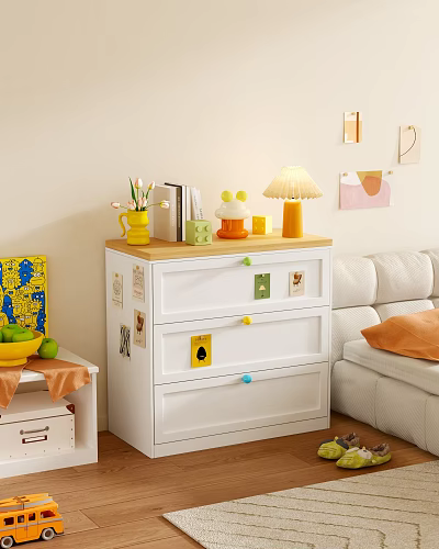 White Chest of Drawers With Colorful Knobs Table Lamp Books Vase in Cozy Living Room 3d model