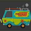 Cartoon Style Blue And Yellow Van With Surfboards On Roof And Mystery Machine Text