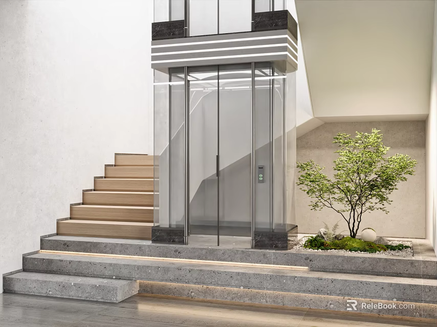 Modern Building Entrance With Staircase Glass Elevator And Small Tree 3d model 