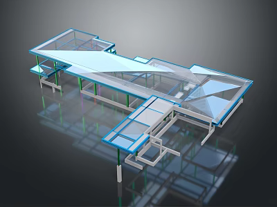 Modern Transparent Glass Structure With Blue Frame And Multi Layer Supporting Components 3d model