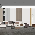Modern Minimalist Living Room Interior With Sectional Sofa Coffee Tables Floor Lamp And Curtains