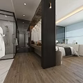 Elegant Modern Hotel Room Interior Design With Sofa Area Bed Wooden Flooring And Glass Partition