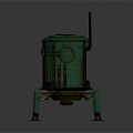 Vintage Green Rusty Industrial Equipment With Cylindrical Body Four Legs And Vertical Pipe