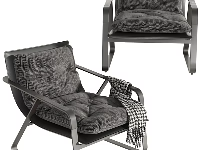 Gray Accent Chair With Metal Frame And Padded Cushion Featuring Black White Checkered Blanket 3d model