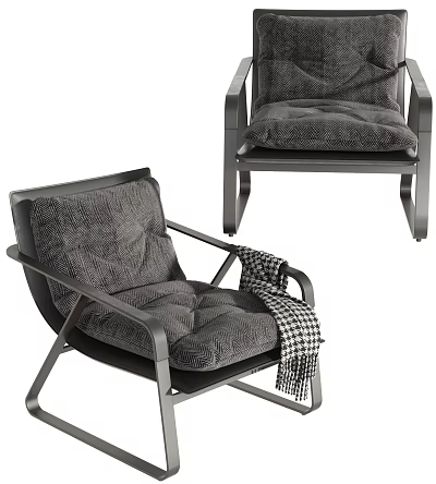 Gray Accent Chair With Metal Frame And Padded Cushion Featuring Black White Checkered Blanket 3d model
