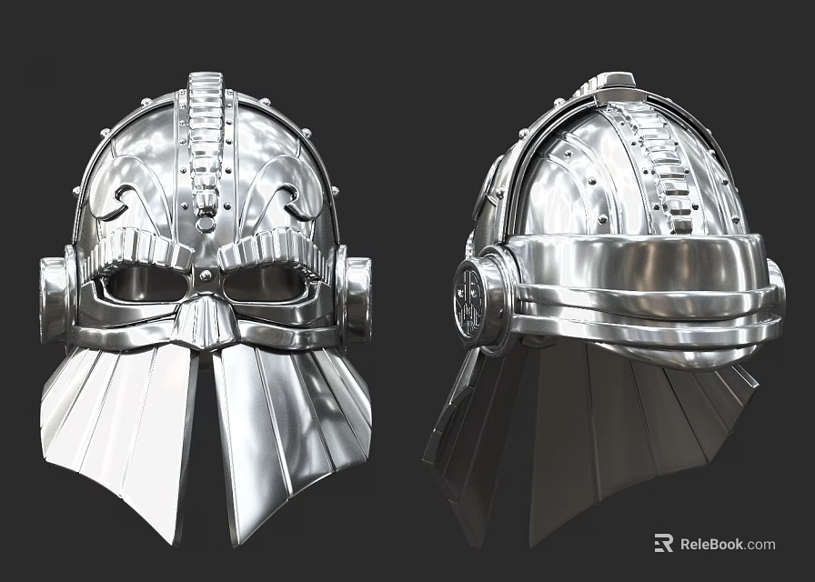 Silver Metallic Helmet With Decorative Design Front And Side Views 3d model 