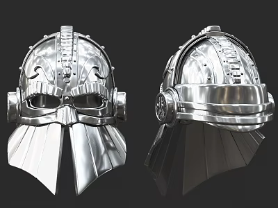 Silver Metallic Helmet With Decorative Design Front And Side Views 3d model