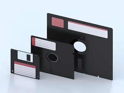 Vintage Computer Floppy Disks In Different Sizes With Black Design And Color Labels 3d model