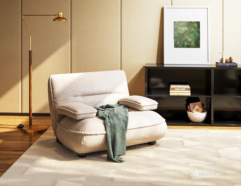 Light Beige Single Seater Sofa With Green Throw Blanket Golden Floor Lamp And Light Rug 3d model 