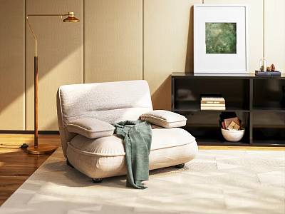 Light Beige Single Seater Sofa With Green Throw Blanket Golden Floor Lamp And Light Rug 3d model