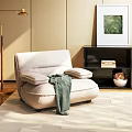 Light Beige Single Seater Sofa With Green Throw Blanket Golden Floor Lamp And Light Rug