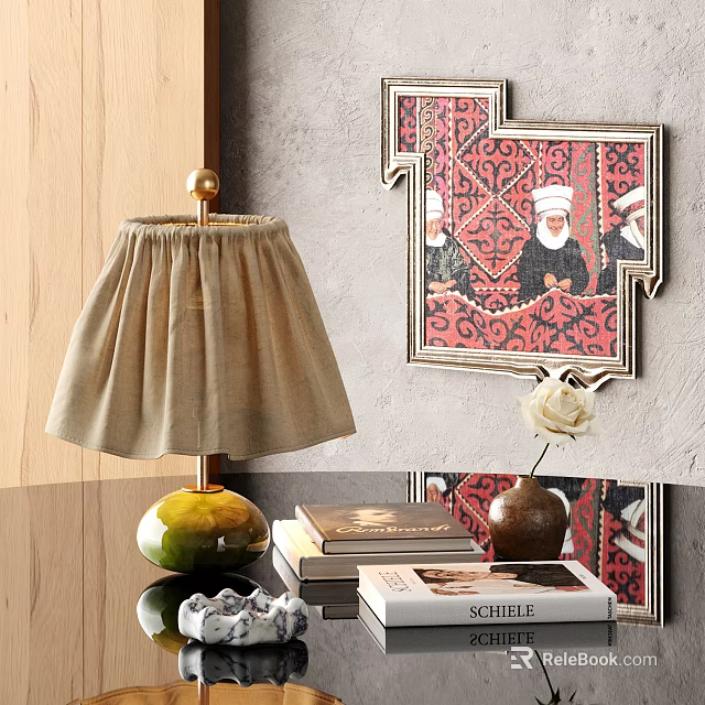 Elegant Decorative Ornament Set With Table Lamp Painting Books And White Flower Vase 3d model 