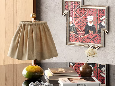 Elegant Decorative Ornament Set With Table Lamp Painting Books And White Flower Vase 3d model