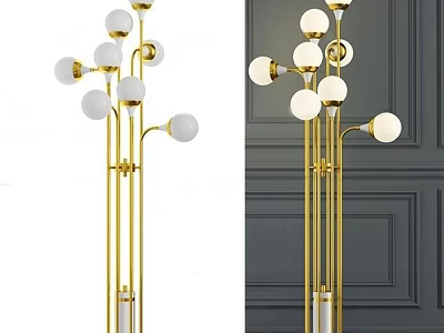 Stylish Golden Floor Lamp Featuring Multiple White Spherical Bulbs And Modern Design 3d model