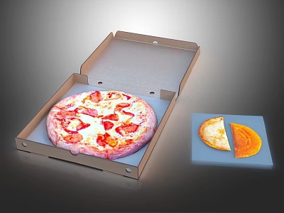 Fresh Pepperoni Pizza In Open Cardboard Box With Slices On Plate 3d model