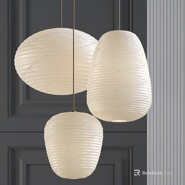 Three White Textured Pendant Lights Hanging in Modern Dark Interior 3d model 