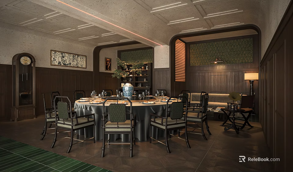 Chinese Style Private Dining Room Interior With Round Table Chairs Green Plant And Decorative Painting 3d model 