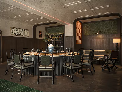 Chinese Style Private Dining Room Interior With Round Table Chairs Green Plant And Decorative Painting 3d model