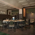 Chinese Style Private Dining Room Interior With Round Table Chairs Green Plant And Decorative Painting