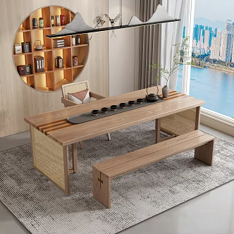 Quiet Style Tea Table and Chair Solid Wood Table and Chair Bench Rattan Chair Rattan Table Color Matching Solid Wood Desktop 3d model