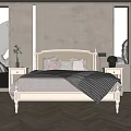 Minimalist Double Bed With Woven Headboard Bedside Tables Table Lamps Decorative Pillows And Striped Blanket