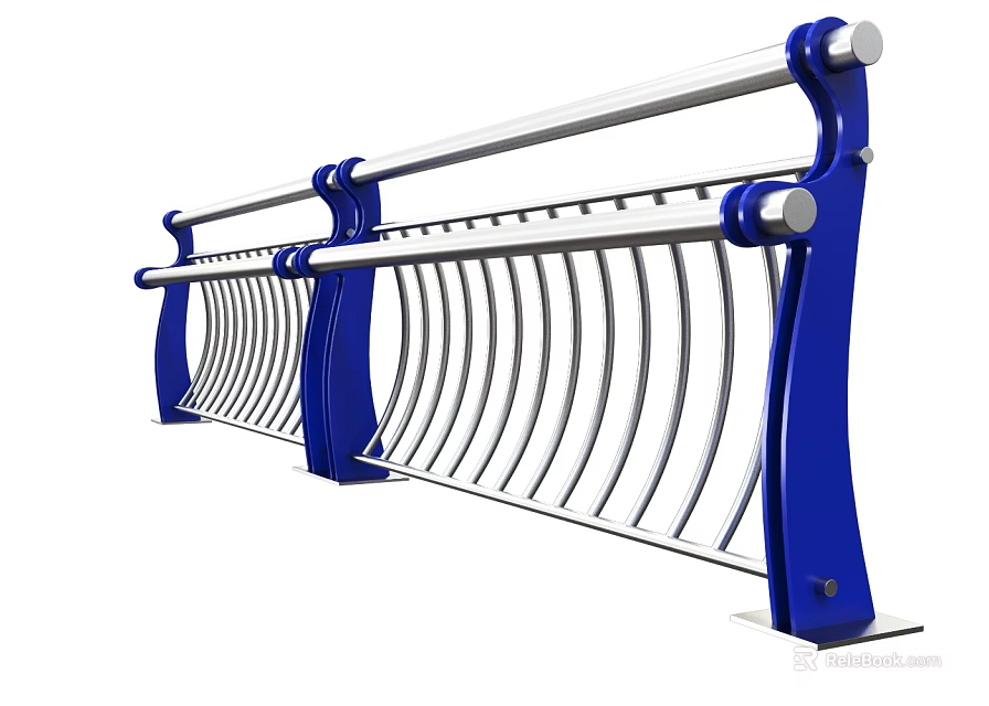 Modern Road Railing Structure With Blue Posts Silver Handrail And Vertical Bars 3d model 