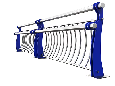Modern Road Railing Structure With Blue Posts Silver Handrail And Vertical Bars 3d model