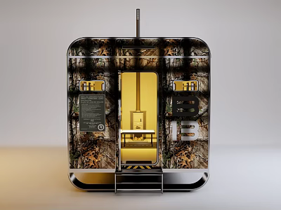 Modern Camouflage Industrial Machine With Yellow Door Control Panel And Bottom Steps 3d model