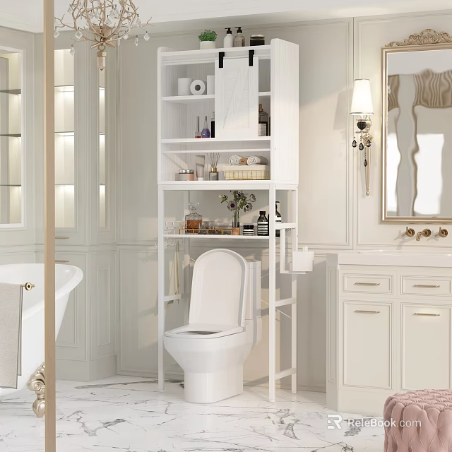 Modern Bright White Bathroom With Practical Over Toilet Storage Shelves And Elegant Gold Fixtures 3d model 