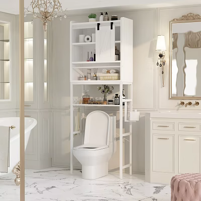 Modern Bright White Bathroom With Practical Over Toilet Storage Shelves And Elegant Gold Fixtures 3d model