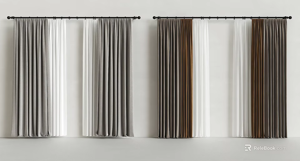 Stylish Velvet Curtains In White Grey And Brown Colors With Elegant Design For Home Decoration 3d model 