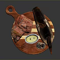 Decorative Animal Figurine With Red Stone Blue Ceramic Bowl And Wooden Plate