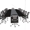 Modern Office Conference Table With Long Wooden Top And Black Mesh Rolling Chairs