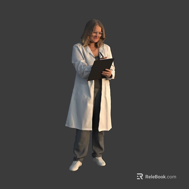 Woman Standing in White Lab Coat Holding Clipboard Against Gray Background 3d model 